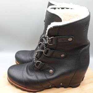 SOREL Boots Joan of Arctic Womens 9 Mid Wedge Shearling Black Snow Winter MiFlaw